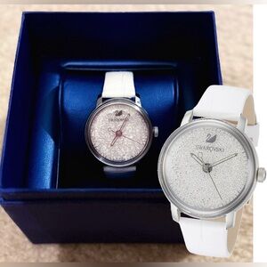 Swarovski Crystalline Hours Silver Dial White Crocodile Leather Strap Watch, NWB